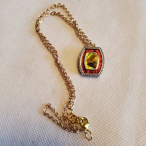16" Red Enamel Pendant Gold Tone Necklace Artisan